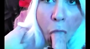 Blonde nixie pukes cum: femkittenboy bj makes him cum 3 times, ends with exploding cum puking throatpie