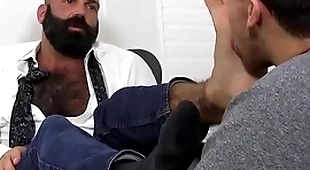 Bald bewhiskered hunk foot worshipped and discouraged overwrought young lad