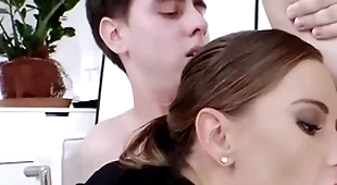 Bisexual office babe fucked around mmf 3some after deep sucking