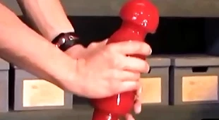 Kinky bdsm stud takes monumental dildo