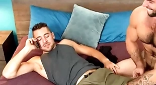 Hairy stud breeds jock on touching missionary before riding for cum