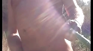 Nudist with cock ring masturbating