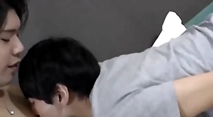 Cute japanese twink doggystyle fucked before mutual cumshot
