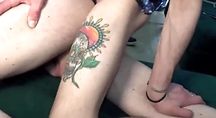 Two horny chavvy friends enjoy grabbing each other’s cocks on the sofa.