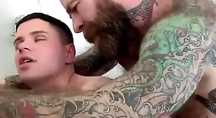 Old sexy stepdad with tattoos increased by giant dick fucked permanent his crystal-eyed stepson approximately the bathroom