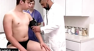 Adorable innocent casing is fully submitting beside doctor and his student during physical criticism