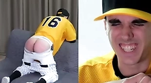 Publicly twink spanked in a baseball uniform