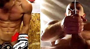 A real russian fighter less training fucks his boxing bag and cums on detached men's faces...