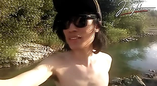 Jon Arteen is this slim Asian twink boy blinking a musical strip-tease on the tributary smiling showing his full pubes rendering outdoor gay porn with a sneaker and underwear fetish